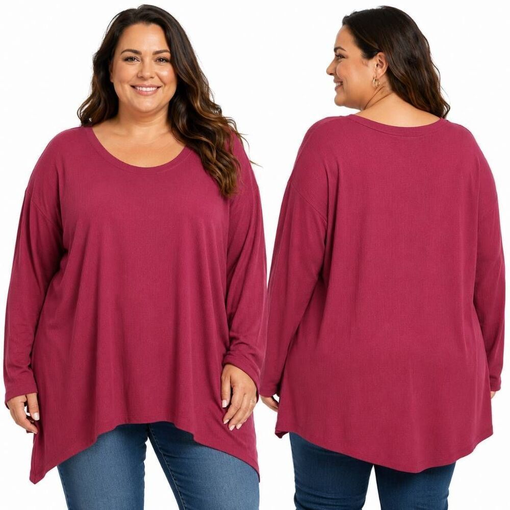 AVA & VIV 3X Ribbed Long Sleeve Top Burgundy Plus Size